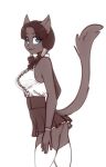  anthro blue_eyes bottomwear breasts clothing domestic_cat felid feline felis female hi_res legwear looking_at_viewer mammal monochrome pleated_skirt scorpdk skirt solo thigh_highs 