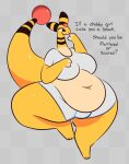  ampharos anthro belly big_breasts breasts clothed clothing english_text female generation_2_pokemon hi_res long_tail navel nintendo overweight overweight_anthro overweight_female pokemon pokemon_(species) question simple_background solo swallowpancakes tail text yellow_body 