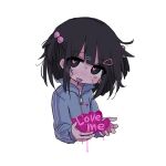  1girl black_hair blunt_bangs blush hair_ornament heart heart-shaped_pupils holding kanikan open_mouth original short_hair simple_background solo sportswear symbol-shaped_pupils upper_body white_background 