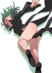  1girl ass black_dress black_footwear closed_mouth commentary_request dress fu-ta green_eyes green_hair highres legs long_sleeves looking_at_viewer one-punch_man shoes short_hair simple_background solo tatsumaki thighs white_background 