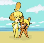  accessory animal_crossing anthro beach bettina_(animal_crossing) bikini bikini_bottom bikini_thong bikini_top blonde_hair blush canid canine canis chest_tuft clothing cloud domestic_dog duo ear_tuft female fur hair hair_accessory hand_on_hip hand_on_leg happy_harvey inner_ear_fluff isabelle_(animal_crossing) looking_at_viewer mammal micro_bikini mouse murid murine navel nintendo open_mouth orange_body orange_fur phone_drawing rodent sand seaside shadow swimwear tuft water yellow_body yellow_fur 