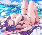 1girl bare_arms bare_shoulders barefoot bikini braid braided_ponytail breasts cleavage commentary english_commentary genshin_impact hair_ornament highres knees_up large_breasts long_hair looking_at_viewer lying navel on_back oudoors parted_lips purple_bikini purple_eyes purple_hair raiden_shogun shiben_(ugvu5784) solo swimsuit thigh_strap thighs 