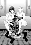  1boy 2girls bare_legs bare_shoulders bdsm black_gloves bondage bound breasts cleavage elbow_gloves femdom gloves greyscale highres large_breasts latex long_hair looking_at_another miryuku monochrome multiple_girls original pee peeing short_hair sitting smile white_gloves 