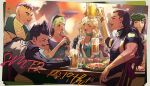  2girls 4boys alcohol aleph_(megami_tensei) anniversary bandages beer beer_mug beth_(shin_megami_tensei_ii) black_bodysuit black_hair blonde_hair blue_hairband blurry blurry_background blush bodysuit brass_knuckles chicken_leg closed_eyes copyright_name cup daleth_(shin_megami_tensei_ii) drinking_glass drunk fingerless_gloves food gimmel gloves green_scarf hairband hand_up hime_cut hiroko holding holding_food holding_skewer holster holstered_weapon jacket laurel_crown long_hair looking_at_another meat mole mole_under_eye mug multiple_boys multiple_girls muscular muscular_male o_c_x open_mouth photo_(object) plate red_lips restaurant scarf scowl shin_megami_tensei shin_megami_tensei_ii short_hair shoulder_pads signature skewer smile spiked_hair table teeth toast_(gesture) two-sided_fabric two-sided_jacket very_short_hair weapon white_jacket wine_glass yakitori zayin_(megami_tensei) 