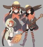 1girl animal_hood black_bow black_eyes boots bow broom brown_hair copyright_request e_(eokiba) grin hands_on_own_chest hat hat_belt highres holding holding_broom hood midriff multiple_views navel one_eye_closed over-kneehighs shorts simple_background smile striped striped_thighhighs suspender_shorts suspenders thighhighs twintails wide_sleeves 