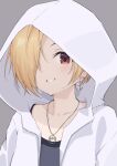  1girl absurdres blonde_hair blush collarbone dot_nose ear_piercing earrings flat_chest grey_background grey_shirt grin hair_over_one_eye highres hood hood_up hoodie idolmaster idolmaster_cinderella_girls idolmaster_cinderella_girls_starlight_stage jewelry kilokisa long_sleeves looking_at_viewer necklace piercing red_eyes shirasaka_koume shirt short_hair simple_background smile solo upper_body white_hoodie 