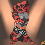  black_body black_fur bottomwear boxers_(clothing) bulge clothed clothing darknsfwindie digital_media_(artwork) fan_character fangs felid feline fur generation_7_pokemon gesture grey_body grey_fur harrison_(wanderlust) hi_res incineroar looking_at_viewer male mammal modelling narrowed_eyes nintendo pointing pointing_at_viewer pokemon pokemon_(species) pokemon_mystery_dungeon pose red_body red_fur seductive simple_background solo stripes teeth topless underwear wanderlust 