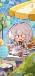  1girl absurdres amusement_park balloon blue_sky book carole_peppers chibi chinese_commentary cola crying cup day eta ferris_wheel furrowed_brow highres holding holding_pencil homu_(honkai_impact) honkai_(series) honkai_impact_3rd lamppost multicolored_hair official_art official_wallpaper open_book open_mouth outdoors paper pencil short_hair sitting sky streaked_hair table white_hair 