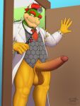  3:4 anthro balls bottomless bowser clothed clothing coat digital_media_(artwork) erection genitals hair hi_res horn humanoid_genitalia humanoid_penis koopa lab_coat male mario_bros necktie nintendo penis red_hair scalie shell simple_background solo spikes timidwithapen topwear vein veiny_penis 