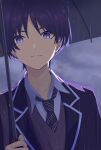  1boy absurdres black_jacket closed_mouth dior&#039;s_bread frown genshin_impact hair_between_eyes highres holding holding_umbrella jacket looking_at_viewer male_focus necktie portrait purple_eyes purple_hair rain scaramouche_(genshin_impact) shirt short_hair solo umbrella vest water_drop white_shirt 