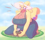  absurd_res anthro anthrofied big_breasts breasts clothed clothing dragon eyelashes female generation_6_pokemon goodra hat headgear headwear hi_res huge_breasts nintendo overalls overalls_only plant pokemon pokemon_(species) shiny_pokemon simple_background slime snackbunnii solo tail thick_thighs topwear 