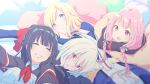  4girls black_hair blonde_hair blue_eyes bow claudia_bruford facing_viewer fukunaga_nagisa hair_bow highres komagome_azuzu long_hair looking_at_viewer lying muguruma_miyako multiple_girls neckerchief on_back pillow pink_hair ponytail purple_eyes red_bow red_neckerchief senyoku_no_sigrdrifa watarai_sonoka white_hair 