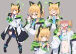  1girl animal_ear_headphones animal_ears black_footwear black_thighhighs blonde_hair blue_archive blue_necktie blush bow bra cat_ear_headphones cat_tail collared_shirt commission fake_animal_ears glasses green_eyes grey_background hair_bow halo handheld_game_console headphones holding holding_handheld_game_console holding_pen hood hooded_jacket jacket midori_(blue_archive) miso_(misomiso_154) multicolored_clothes multicolored_jacket multiple_views navel necktie nintendo_switch open_clothes open_shirt panties pen red-framed_eyewear semi-rimless_eyewear shirt short_hair shorts simple_background skeb_commission striped striped_bra striped_panties sweatdrop tail thighhighs training_bra under-rim_eyewear underwear white_bra white_shirt wide_sleeves 