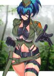  1girl akisu_k belt beret black_gloves blue_eyes blue_hair breasts chromatic_aberration clenched_hand earrings eyepatch gloves hat holster jewelry jungle large_breasts leona_heidern nature navel ponytail snk_heroines:_tag_team_frenzy solo the_king_of_fighters thong triangle_earrings underboob 