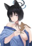  1girl absurdres animal_ears black_eyes black_hair blue_archive blush book breasts bright_pupils cat_ears halo haori highres holding holding_book holding_brush japanese_clothes kikyou_(blue_archive) large_breasts looking_at_viewer neck_ribbon ribbon simple_background single_bare_shoulder solo suang upper_body white_background white_pupils 