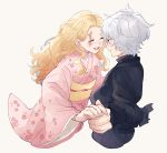  1boy 1girl absurdres blonde_hair blush closed_eyes closed_mouth commentary_request couple floral_print gabimaru happy highres holding_hands japanese_clothes jigokuraku kimono kon_(ocean0028) long_hair long_sleeves looking_at_another looking_at_viewer obi open_mouth pink_kimono sash scar scar_on_face short_hair simple_background smile teeth upper_body upper_teeth_only wavy_hair white_background white_hair wide_sleeves yui_(jigokuraku) 