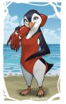  2023 anthro avian beach beak bird black_body blanclauz blue_eyes cephalopod clothing coleoid day decapodiform duo eyelashes female feral flippers hi_res izra lani_aliikai looking_at_viewer male male/female marine mollusk multicolored_body nude one-piece_swimsuit penguin red_clothing sand sea seaside signature sony_corporation surf&#039;s_up swimwear tail tentacles third-party_edit two_tone_body water white_body 