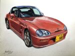  absurdres artist_name atelier_634 car dated highres license_plate motor_vehicle no_humans original painting_(medium) red_car signature simple_background suzuki_(company) suzuki_cappuccino traditional_media vehicle_focus white_background 