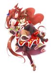  2girls agnes_tachyon_(umamusume) ahoge animal_ears arm_garter bad_id bad_twitter_id bare_shoulders black_footwear boots brown_dress brown_footwear brown_hair brown_thighhighs carrying chigyo daiwa_scarlet_(scarlet_nuit_etoile)_(umamusume) daiwa_scarlet_(umamusume) dress fake_antlers high_heel_boots high_heels horse_ears horse_girl horse_tail long_hair looking_at_another multiple_girls open_mouth princess_carry red_dress red_eyes running short_hair simple_background sleeveless sleeveless_dress sleeves_past_fingers sleeves_past_wrists smile tail thigh_boots thighhighs umamusume white_background 