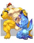  2023 absurd_res anthro balls black_nose blue_body blue_fur blue_hair blush bodily_fluids bowser bracelet canid canine canis cum duo eyes_closed feet fellatio fur genital_fluids genitals hair half-closed_eyes hi_res horn humanoid_genitalia humanoid_penis jewelry koopa maldu male male/male mammal mario_bros muscular muscular_anthro muscular_male narrowed_eyes nintendo nipples oral penile penis red_eyes red_hair scalie sex shell simple_background spiked_bracelet spiked_shell spikes spikes_(anatomy) teeth vein veiny_penis wolf yellow_body 