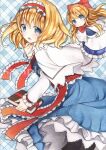  2girls alice_margatroid apron bangs blonde_hair blue_dress blue_eyes blush book doll dress hairband highres holding holding_book looking_at_viewer mugicha_(mugicha0929) multiple_girls red_hairband red_ribbon ribbon sample_watermark shanghai_doll touhou traditional_media white_apron 