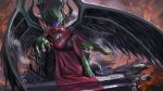  1girl absurdres breasts cany-10086 cape claws crossed_legs duel_monster evil_hero_inferno_wing eye_mask feathered_wings green_fur green_hair highres large_breasts making-of_available monster_girl red_cape red_lips sitting solo spikes wings yu-gi-oh! yu-gi-oh!_gx 