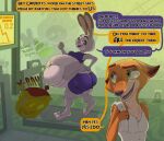  2023 afraart after_vore anthro bandit_mask banknote belly big_belly big_butt bottomwear buckteeth butt canid canine carrot clothing dialogue digestion disney door duo ears_up eye_contact fangs female food fox fur hi_res holding_object holding_towel judy_hopps lagomorph leporid looking_at_another male mammal money navel nick_wilde obese obese_anthro obese_female open_mouth overweight overweight_anthro overweight_female plant rabbit shirt shorts sign signature slosh sloshing_belly speech_bubble tank_top teeth text topwear towel treadmill vegetable vore zootopia 