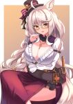  1girl ahoge animal_ears arm_under_breasts biwa_hayahide_(uchronia_architect)_(umamusume) biwa_hayahide_(umamusume) blush border breasts cleavage commentary_request gradient_background grey_hair hat highres horse_ears horse_girl horse_tail large_breasts long_hair looking_at_viewer mini_hat mini_top_hat official_alternate_costume open_mouth red_skirt semi-rimless_eyewear skirt smile solo tail tilted_headwear top_hat umamusume very_long_hair white_border yellow-framed_eyewear yuutopia 