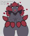  5:6 absurd_res anthro blitzpitz blue_eyes breasts english_text eyelashes fangs female generation_5_pokemon hair hi_res lipstick makeup mature_anthro mature_female mommy_kink nintendo pokemon pokemon_(species) reaching_towards_viewer simple_background smile solo teeth text zoroark 