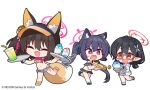  animal_ear_fluff animal_ears ayane_(blue_archive) ayane_(swimsuit)_(blue_archive) bikini black_bikini black_hair blue_archive blush breasts brown_hair cat_ears chibi cleavage closed_eyes cup denim denim_shorts disposable_cup fang food fox_ears fox_girl fox_tail glasses hair_between_eyes hair_ribbon halo hat holding izuna_(blue_archive) izuna_(swimsuit)_(blue_archive) jacket long_hair multiple_girls nemoga official_art open_mouth pink_scarf pointy_ears red-framed_eyewear red_eyes ribbon scarf serika_(blue_archive) serika_(swimsuit)_(blue_archive) shaved_ice short_hair shorts simple_background skin_fang small_breasts striped striped_bikini swimsuit tail takoyaki tray twintails visor_cap white_background white_jacket 