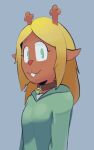  anthro bell bell_collar buckteeth clothing collar deer deltarune doe_with_antlers female green_clothing green_hoodie green_topwear hi_res hitsuji hoodie looking_at_viewer mammal noelle_holiday red_nose simple_background solo teeth topwear undertale_(series) 