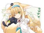  1girl animal_ears arknights artist_name black_cat blonde_hair blue_hairband blue_skirt blush cardigan cat closed_mouth commentary_request fox_ears fox_girl fox_tail frilled_hairband frills green_eyes hair_ornament hair_scrunchie hairband head_tilt heixiu itsuki_02 kitsune kyuubi long_hair long_sleeves luoxiaohei multicolored_hair multiple_tails neck_ribbon official_alternate_costume on_head open_cardigan open_clothes puffy_long_sleeves puffy_sleeves red_ribbon ribbon scrunchie shirt skirt sleeve_cuffs sleeves_past_wrists solo suzuran_(arknights) suzuran_(spring_praise)_(arknights) tail the_legend_of_luo_xiaohei twitter_username two-tone_hair upper_body white_cardigan white_hair white_shirt 