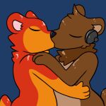  2023 anthro bear bearphones blue_background brown_bear brown_body brown_fur duo eyes_closed fur grizzly_bear hand_on_hip hand_on_shoulder headphones kissing koda_(oga) male male/male mammal neck_tuft nude prate-dragon reaction_image side_view simple_background standing tuft ursine 
