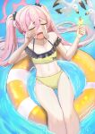  1girl afloat bird blue_archive blush cafenami closed_eyes commentary_request crying food halo hand_on_own_face highres holding holding_food holding_popsicle innertube koyuki_(blue_archive) millennium_science_school_logo navel open_mouth pink_hair popsicle popsicle_stick seagull solo swimsuit tearing_up twintails water 