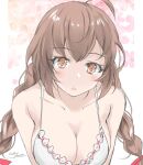  1girl ahoge alternate_costume artist_name bare_shoulders blush bra breasts brown_eyes brown_hair cherry_blossoms cleavage commentary_request dated frilled_bra frills gakky hair_between_eyes kantai_collection large_breasts long_hair looking_at_viewer shinshuu_maru_(kancolle) solo twintails underwear upper_body very_long_hair white_bra 