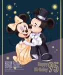  1boy 1girl anniversary artist_name bow bowtie commentary_request detached_sleeves disney dress english_text eyeshadow full_body hair_bow hat hetero highres makeup mickey_mouse minnie_mouse mouse_boy mouse_girl one_eye_closed purple_eyeshadow qr_code sky star_(sky) starry_sky takatmaorange top_hat 