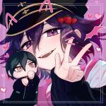  1boy :d ahoge animal_ears black_hair black_headwear crossdressing danganronpa_(series) danganronpa_v3:_killing_harmony fake_animal_ears fangs hair_between_eyes hand_puppet heart highres long_sleeves multicolored_hair oma_kokichi pink_sailor_collar portrait puppet purple_eyes purple_hair saihara_shuichi sailor_collar smile solo suzuko_(katahaba_v3) teeth two-tone_hair upper_teeth_only w 