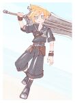  1boy beach black_footwear black_shirt black_shorts blonde_hair blue_eyes blue_sky bracelet brown_gloves closed_mouth cloud_strife commentary_request earrings elbow_pads final_fantasy final_fantasy_vii final_fantasy_vii_ever_crisis fingerless_gloves full_body gloves holding holding_sword holding_weapon huge_weapon jewelry looking_at_viewer nitoya_00630a ocean official_alternate_costume outdoors sailor_collar sand shirt short_hair short_sleeves shorts single_earring single_elbow_pad single_glove sky solo spiked_hair stud_earrings sword weapon 