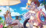  2girls arm_strap bare_shoulders beach bikini blue_sky blush breasts character_request cleavage commentary_request crossed_legs epic_seven eyewear_on_head flower hair_flower hair_ornament highres holding holiday_yufine_(epic_seven) horns hyonee innertube large_breasts long_hair multiple_girls outdoors parasol parted_lips pointy_ears red_eyes single_thighhigh sitting sky smile sunglasses swimsuit thigh_strap thighhighs umbrella white_thighhighs yufine_(epic_seven) 