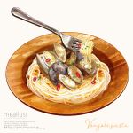  absurdres artist_name english_text food fork haruna_macpro highres no_humans original oyster pasta plate red_pepper simple_background spaghetti vongole_pasta white_background 