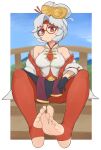  1girl absurdres bare_shoulders breasts feet foot_focus glasses gloves highres large_breasts purah red_eyes sitting sleeveless softhanten soles solo stirrup_legwear the_legend_of_zelda the_legend_of_zelda:_tears_of_the_kingdom toeless_legwear toes white_hair 