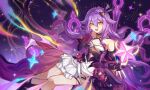 1girl :d bare_shoulders black_gloves choker collarbone detached_sleeves dress feet_out_of_frame gloves hair_between_eyes highres honkai_(series) honkai_impact_3rd long_hair looking_at_viewer open_hand open_mouth ovosakisilica partially_fingerless_gloves pink_gloves purple_hair revision scissors sirin sirin_(miracle_magical_girl) skirt smile solo star_(sky) star_(symbol) twitter_username very_long_hair white_skirt yellow_eyes 