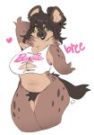  &lt;3 anthro arm_tuft big_breasts black_nose bottomless breasts bree_(punkinbuu) cheek_tuft chest_tuft clothed clothing digital_media_(artwork) ear_piercing ear_ring elbow_tuft english_text facial_tuft female fur green_eyes hair hi_res hyena lips looking_at_viewer mammal navel piercing pubes punkinbuu ring_piercing shirt simple_background slightly_chubby smile solo spots spotted_hyena tail text text_on_clothing text_on_shirt text_on_topwear thick_bottom_lip thick_thighs topwear torn_clothing torn_shirt torn_topwear tuft 