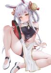  1girl absurdres animal_ears arm_behind_back azur_lane bare_legs bare_shoulders bell black_panties blush braid breasts chinese_clothes classic_(zildjian33) commentary_request full_body hair_bell hair_ornament hair_rings hand_up high_heels highres holding holding_tray knee_up legs long_hair looking_at_viewer medium_breasts midriff navel no_bra panties parted_lips rabbit_ears rabbit_girl red_ribbon ribbon shimakaze_(azur_lane) shimakaze_(clumsy_moon_rabbit)_(azur_lane) side-tie_panties sideboob sideless_outfit sitting sleeveless small_breasts solo spread_legs thighs tray twin_braids underwear upskirt very_long_hair white_hair yellow_eyes 