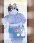  4:5 anthro australian_cattle_dog background_smoke blue_body blue_fur bluey_(series) body_hair canid canine canis cattledog chest_hair chest_tuft d13w0tt_(artist) domestic_dog flag_print fur herding_dog lying male mammal manly mature_male multicolored_body multicolored_fur on_side pastoral_dog slightly_chubby smile smiling_at_viewer solo steam stripe_heeler towel towel_only tuft wet wet_body 