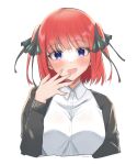  1girl :d black_jacket black_ribbon blue_eyes blunt_bangs blush breasts butterfly_hair_ornament casual commentary_request cropped_torso dress_shirt eyelashes go-toubun_no_hanayome hair_ornament hair_ribbon hand_to_own_mouth hand_up head_tilt highres jacket kakato_0 large_breasts long_sleeves looking_at_viewer medium_hair nakano_nino open_mouth red_hair ribbon shirt smile solo straight-on straight_hair tsurime twitter_username two_side_up white_shirt 