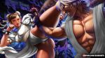  azuma_yasuo blocking bracelet capcom chun-li double_bun dougi glaring hair_bun hair_ribbon highres jewelry karate_gi ken_masters kicking ribbon spiked_bracelet spikes street_fighter 