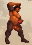  4_toes 5_fingers absurd_res anthro balls bear black_body black_hair brown_body claws erection feet fingers fluffy fur genitals hair hand_on_penis hi_res humanoid_genitalia humanoid_penis male mammal masturbation muscular muscular_anthro muscular_male orange_balls orange_body orange_fur pecs penis raised_arm simple_background snaftfc solo spread_legs spreading standing toes yellow_eyes 