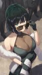  1girl 4others bare_shoulders black_dress black_gloves black_hair bracelet breasts cleavage closed_mouth dress feather_boa from_above fubuki_(one-punch_man) gloves green_eyes hand_on_eyewear highres holding holding_wallet jewelry large_breasts looking_at_viewer m.q_(mqkyrie) multiple_others one-punch_man people short_hair signature smile solo_focus sunglasses wallet women&#039;s_wallet 