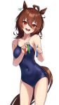  1girl agnes_tachyon_(umamusume) ahoge animal_ears blue_one-piece_swimsuit breasts brown_hair commentary_request covered_navel cowboy_shot hair_between_eyes highres holding holding_test_tube horse_ears horse_girl horse_tail looking_at_viewer medium_breasts one-piece_swimsuit open_mouth partial_commentary partially_submerged red_eyes school_swimsuit short_hair simple_background solo standing swimsuit tail teeth test_tube tks_(526tks) tracen_swimsuit umamusume white_background 